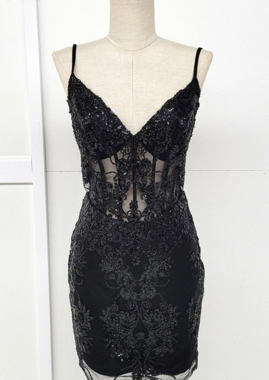 Chicas C814 Cocktail Illusion Short Corset Beaded Mesh Dress
