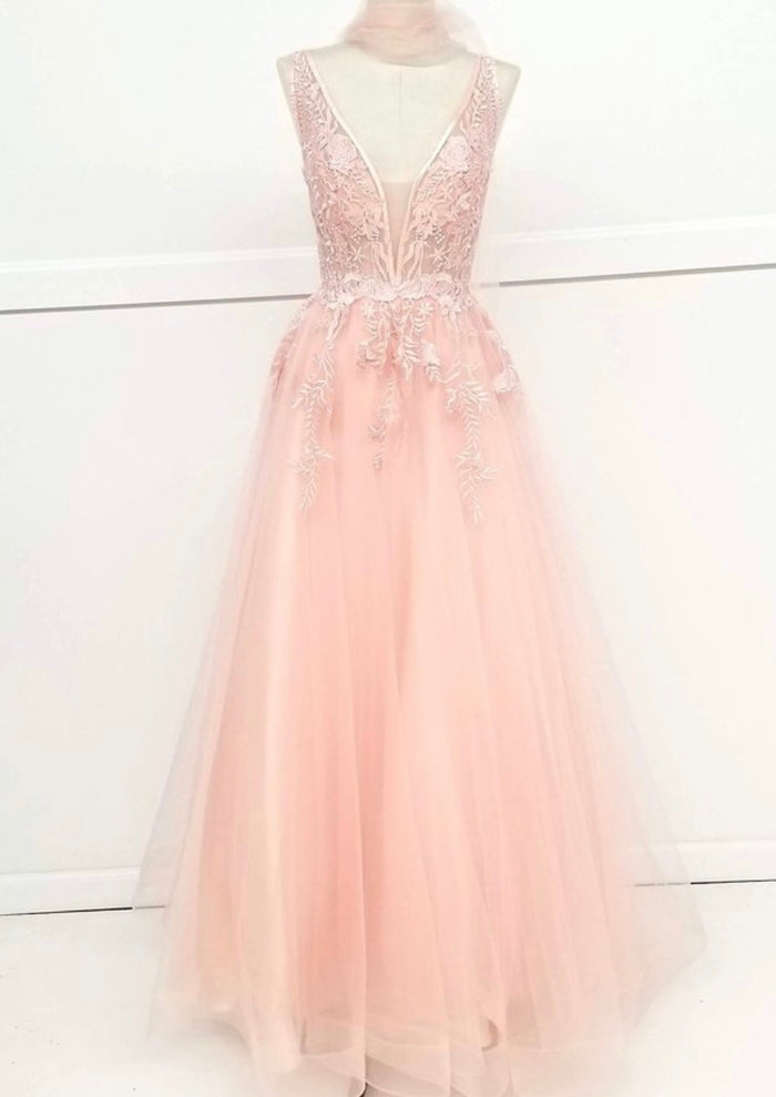 Chicas YG5023 Elegant Printed Prom Blush A-Line Illusion Tulle Dress