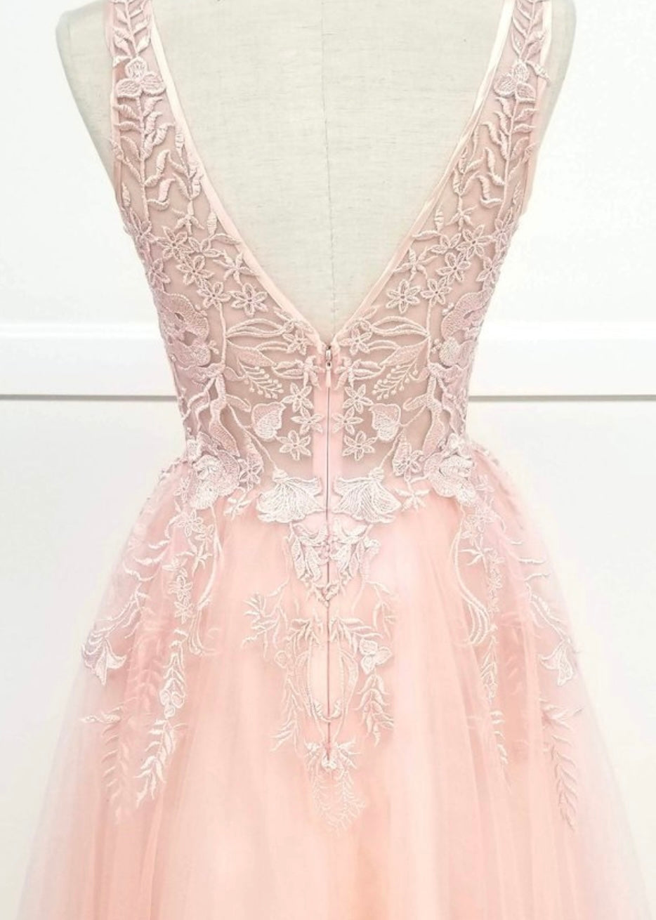 Chicas YG5023 Elegant Printed Prom Blush A-Line Illusion Tulle Dress