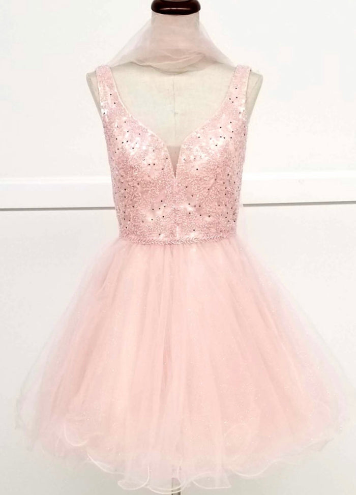 Chicas J005 Gold A-Line Short Beaded Sequin Strappy Tulle Dress