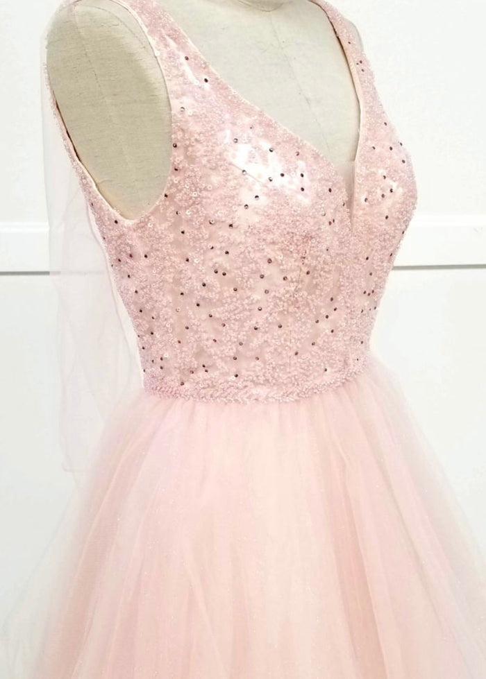 Chicas J005 Gold A-Line Short Beaded Sequin Strappy Tulle Dress