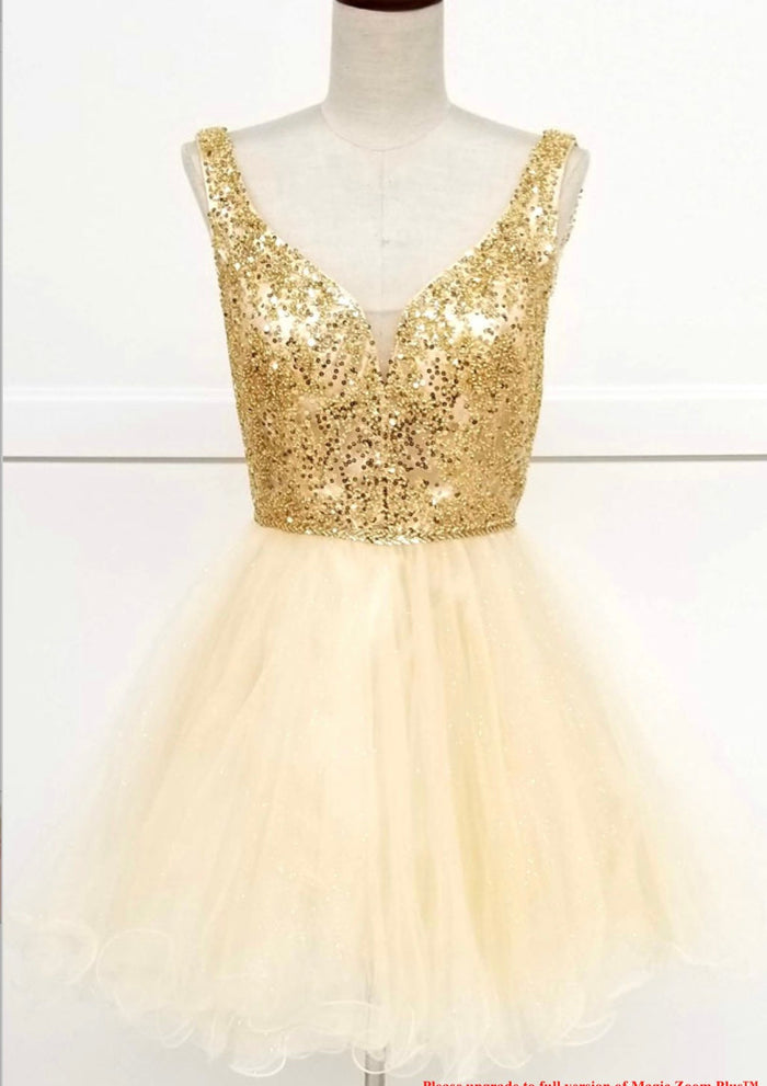 Chicas J005 Gold A-Line Short Beaded Sequin Strappy Tulle Dress