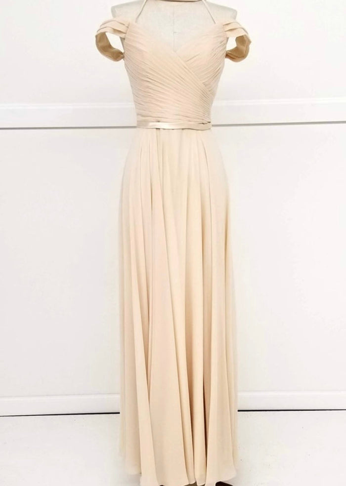 Chicas C8997 Elegant Evening Navy Spaghetti-Strap Floor-Length Pleated Chiffon Dress