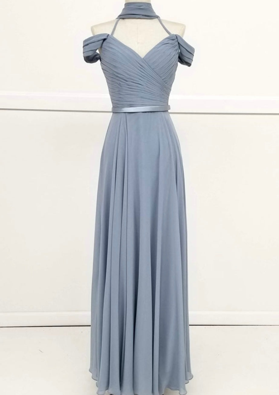 Chicas C8997 Elegant Evening Navy Spaghetti-Strap Floor-Length Pleated Chiffon Dress