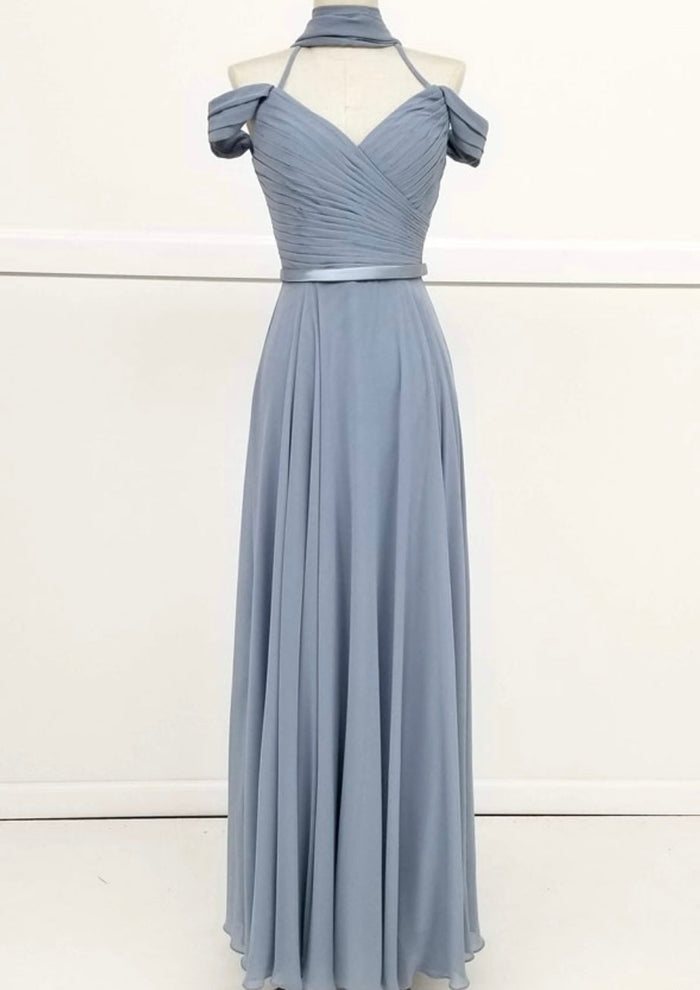 Chicas C8997 Elegant Evening Navy Spaghetti-Strap Floor-Length Pleated Chiffon Dress