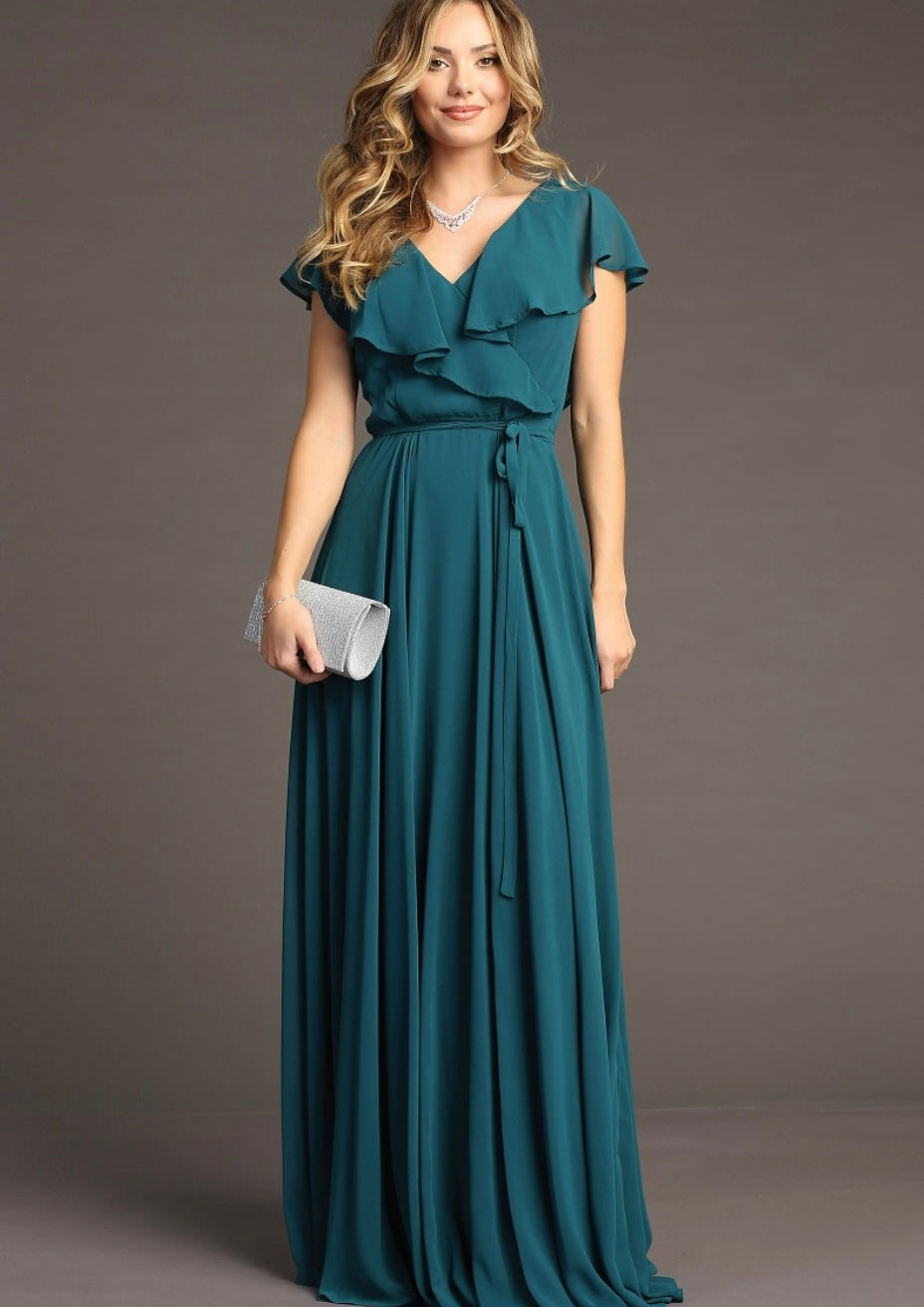 Chicas C2403 Floor-Length Elegant Evening Long Ruffled Chiffon Dress