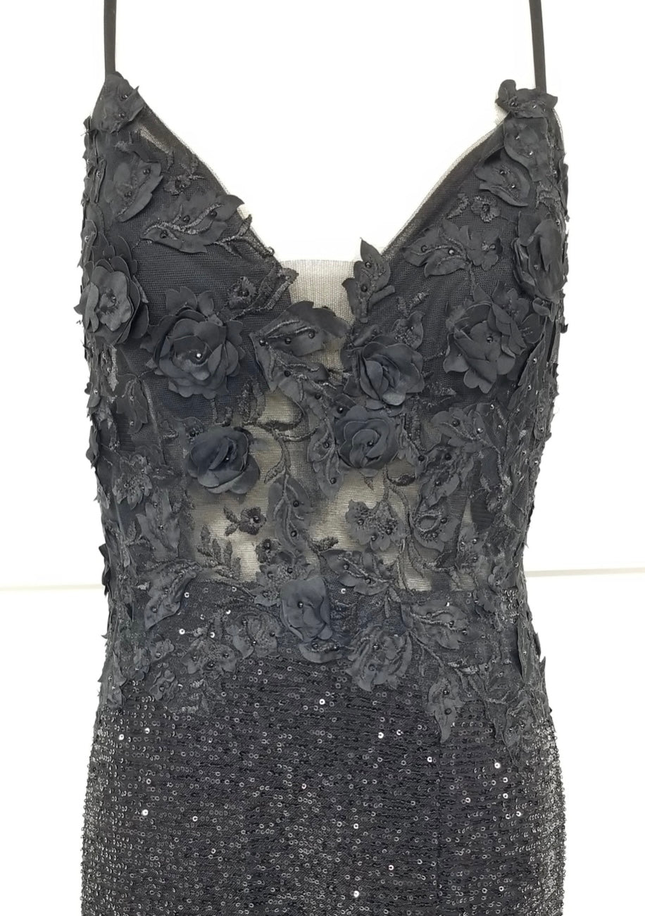 Chicas C803 Elegant Printed Evening Black Spaghetti-Strap Floral Fabric Dress