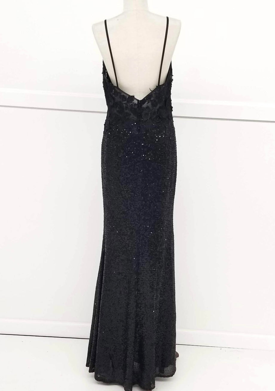 Chicas C803 Elegant Printed Evening Black Spaghetti-Strap Floral Fabric Dress