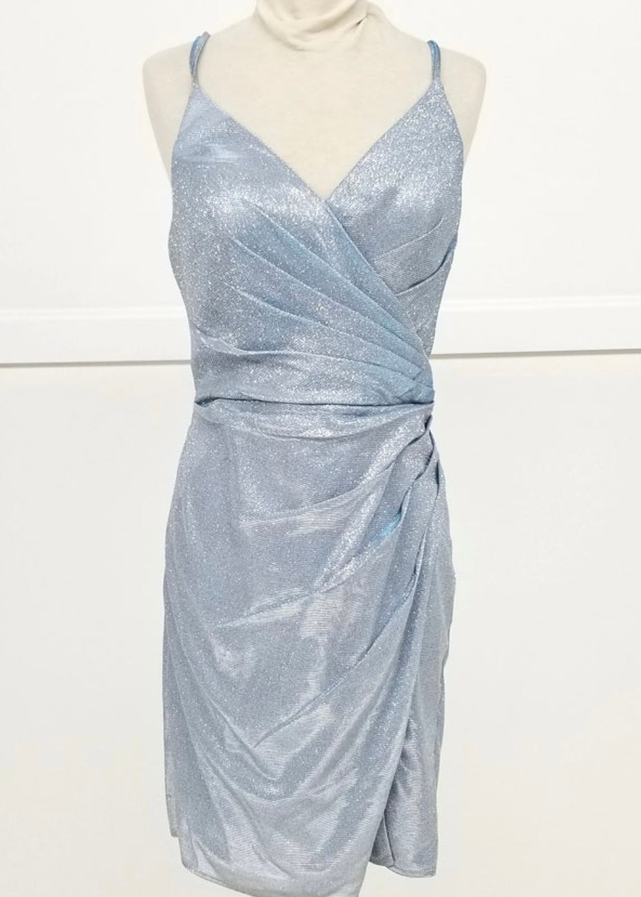 Chicas C749 Elegant Glitter Cocktail Blue Wrap Spaghetti-Strap Fabric Dress