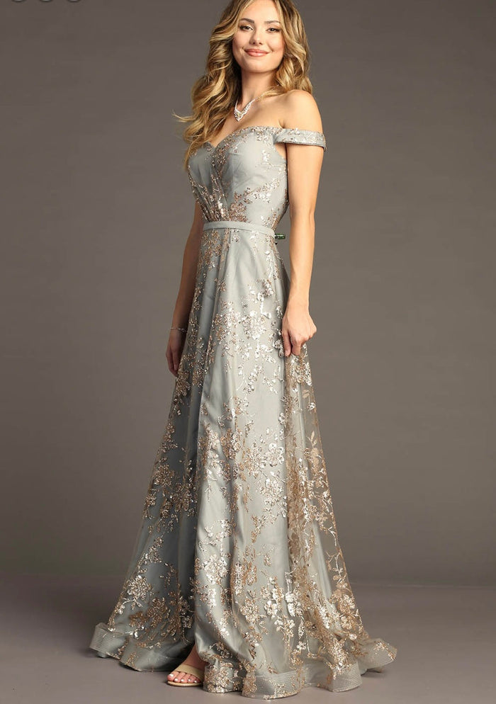 Chicas C6533 Elegant Printed Glitter Evening A-Line Floral Satin Dress