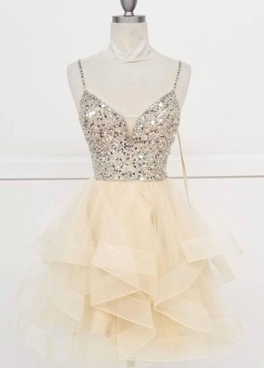 Chicas C313 Royal Spaghetti-Strap Short Beaded Sequin Strappy Tulle Dress