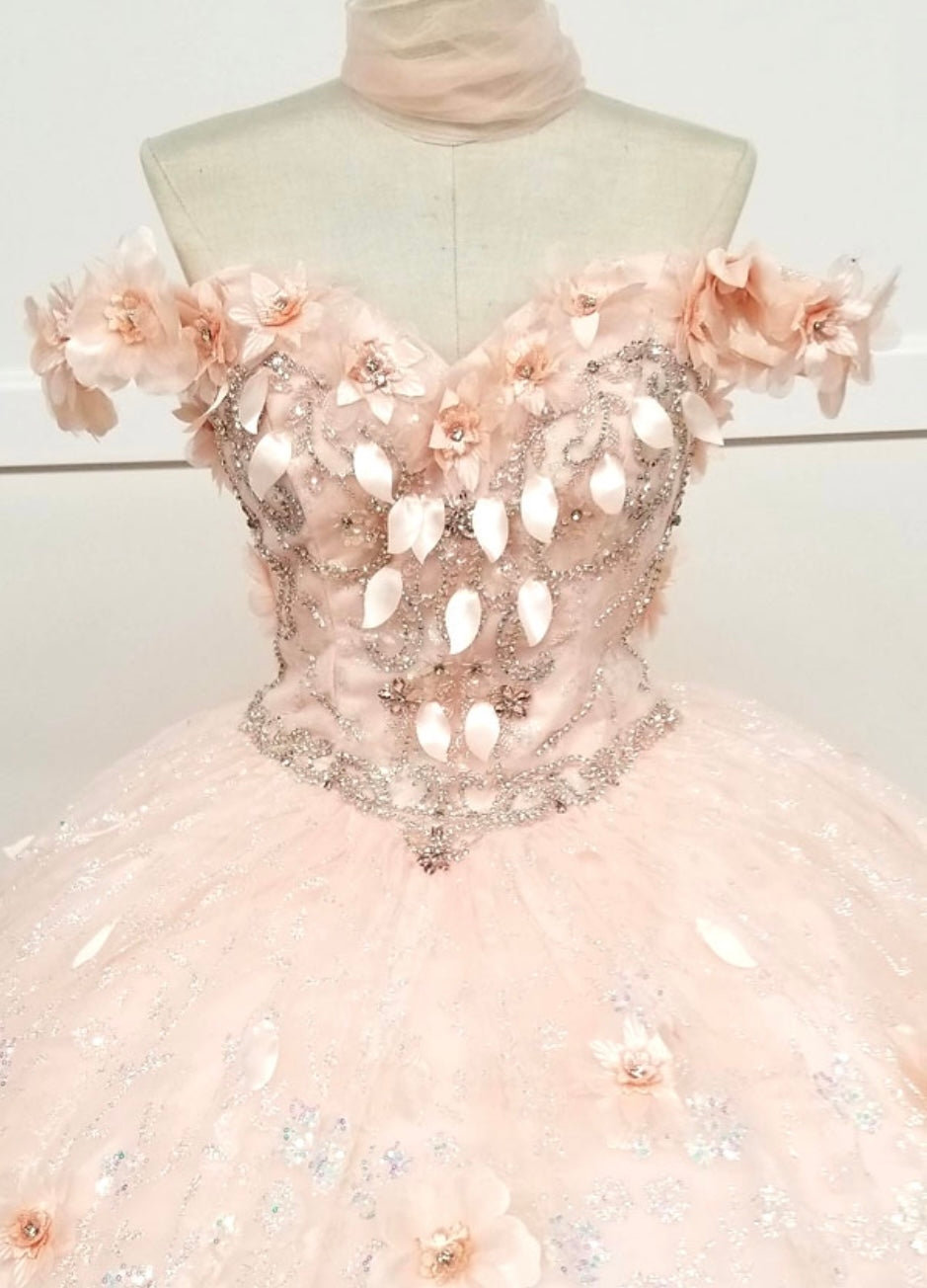Chicas HF3027 Romantic Printed Glitter Quinceañera Blush BallDress Tulle Dress