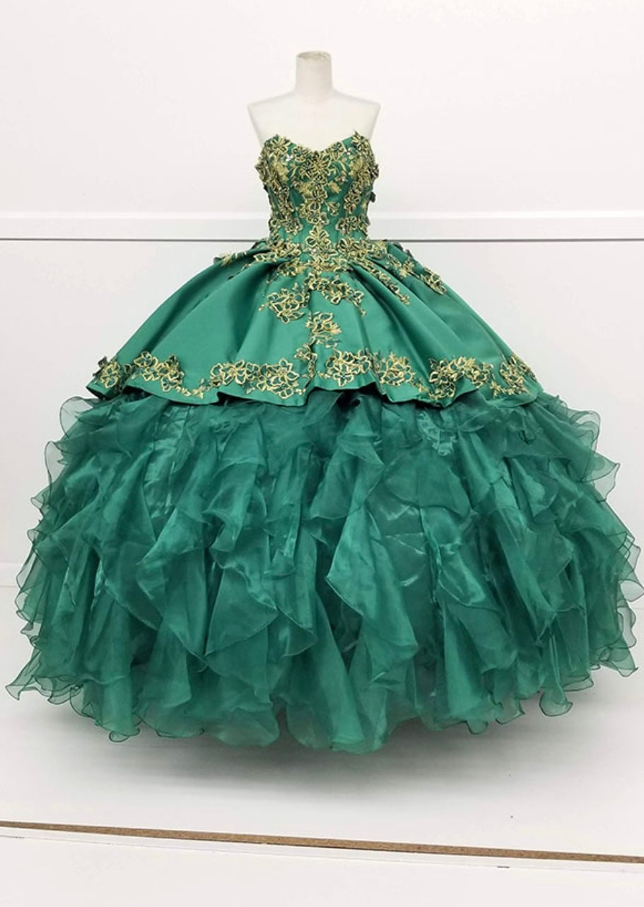 Chicas HF3009 Printed Metallic Quinceañera BallDress Strapless Floral Satin Dress
