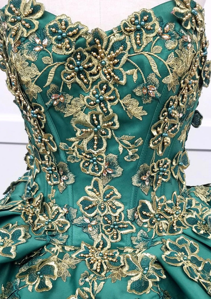 Chicas HF3009 Printed Metallic Quinceañera BallDress Strapless Floral Satin Dress