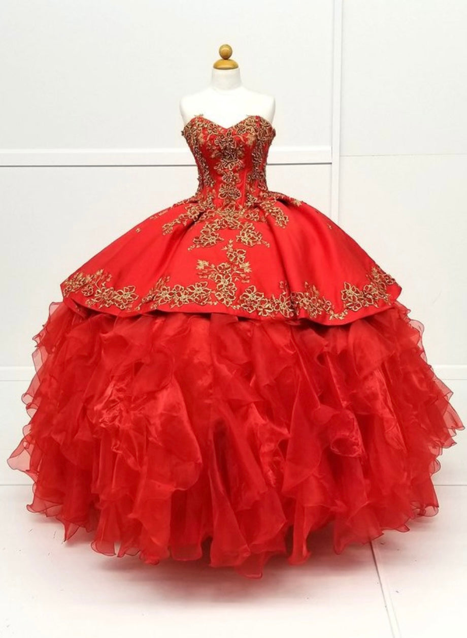Chicas HF3009 Printed Metallic Quinceañera BallDress Strapless Floral Satin Dress