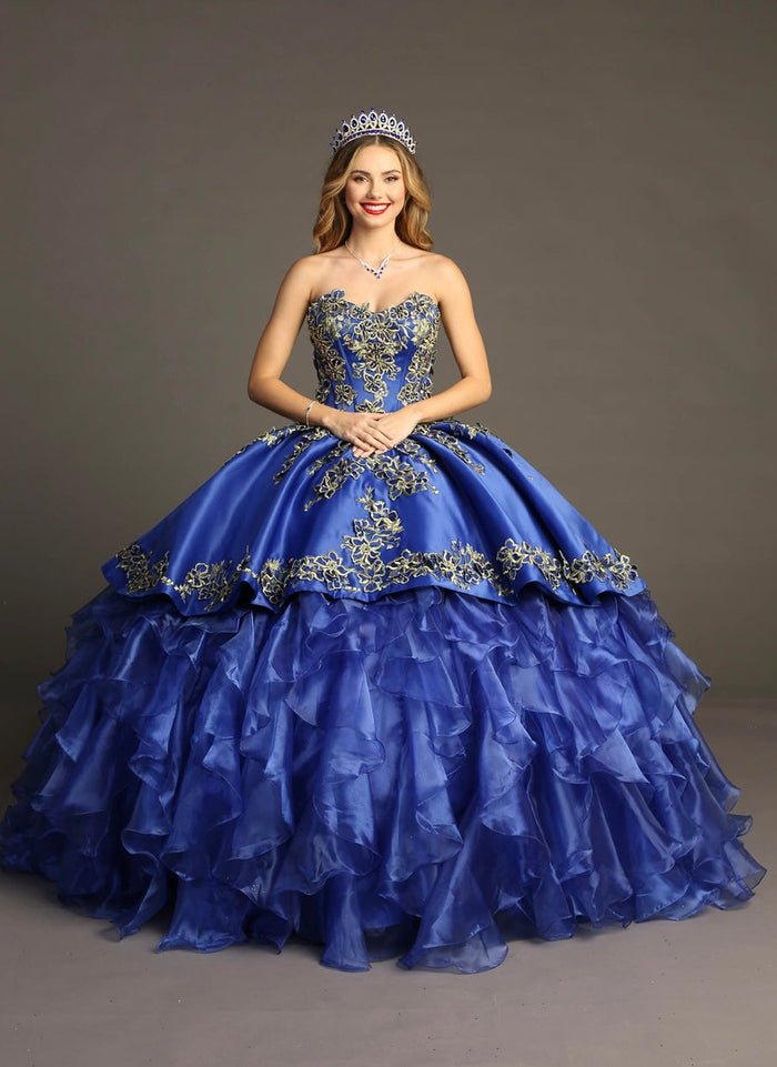 Chicas HF3009 Printed Metallic Quinceañera BallDress Strapless Floral Satin Dress