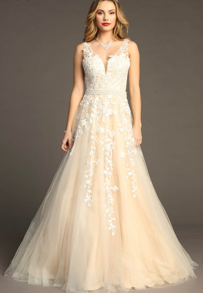 Chicas AN1102 Elegant Printed Formal Ivory A-Line Illusion Tulle Dress