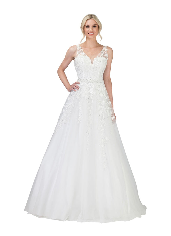Chicas AN1102 Elegant Printed Formal Ivory A-Line Illusion Tulle Dress