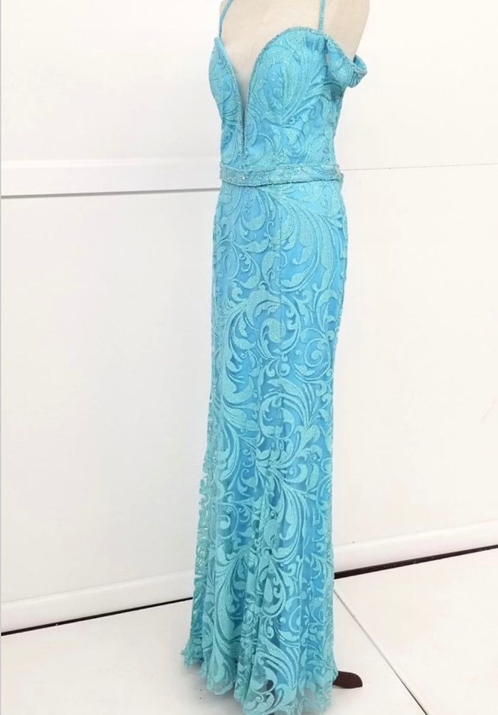Chicas NY7104 Elegant Evening Gold Illusion Floor-Length Sequin Fabric Dress