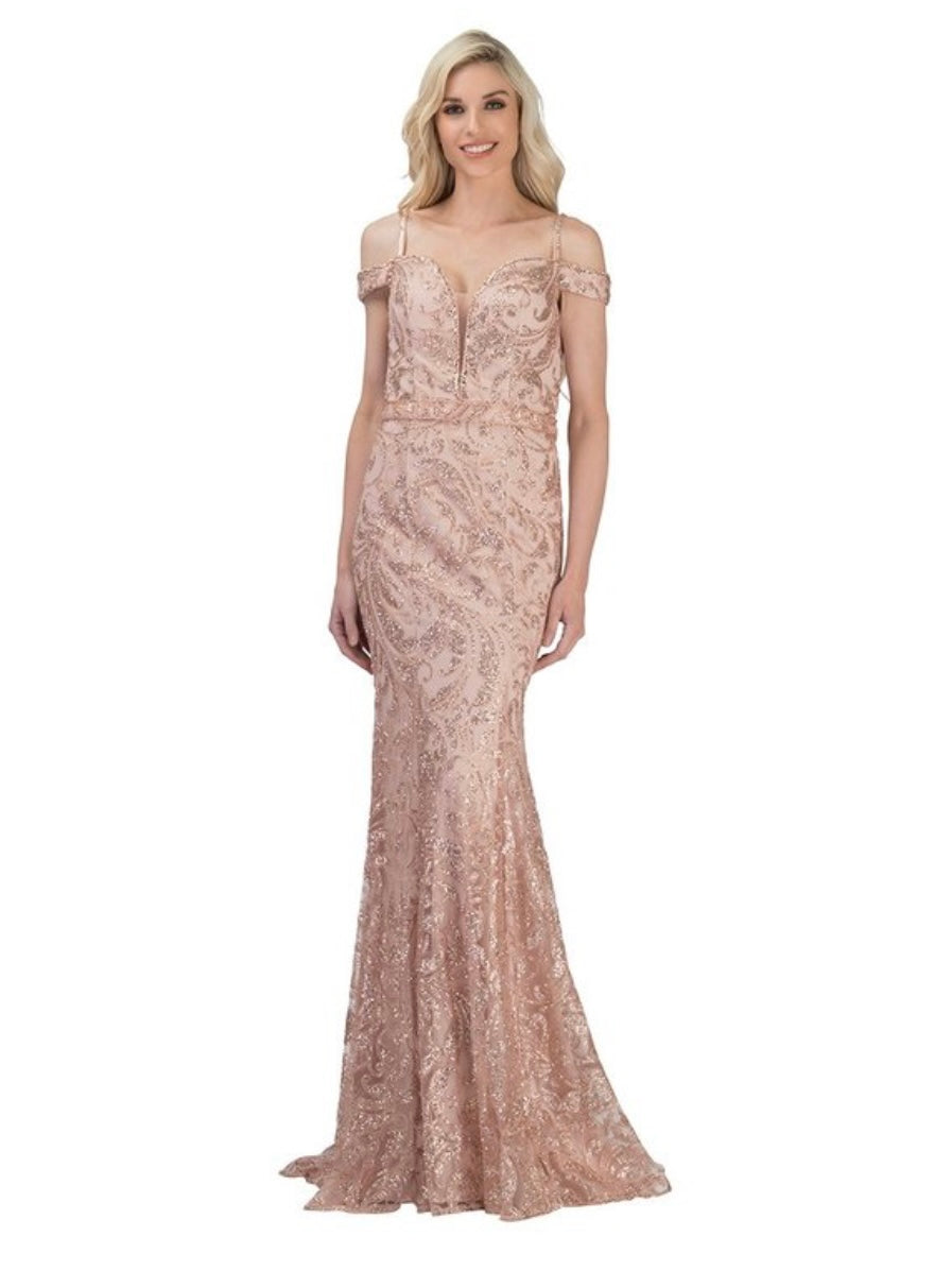 Chicas NY7104 Elegant Evening Gold Illusion Floor-Length Sequin Fabric Dress