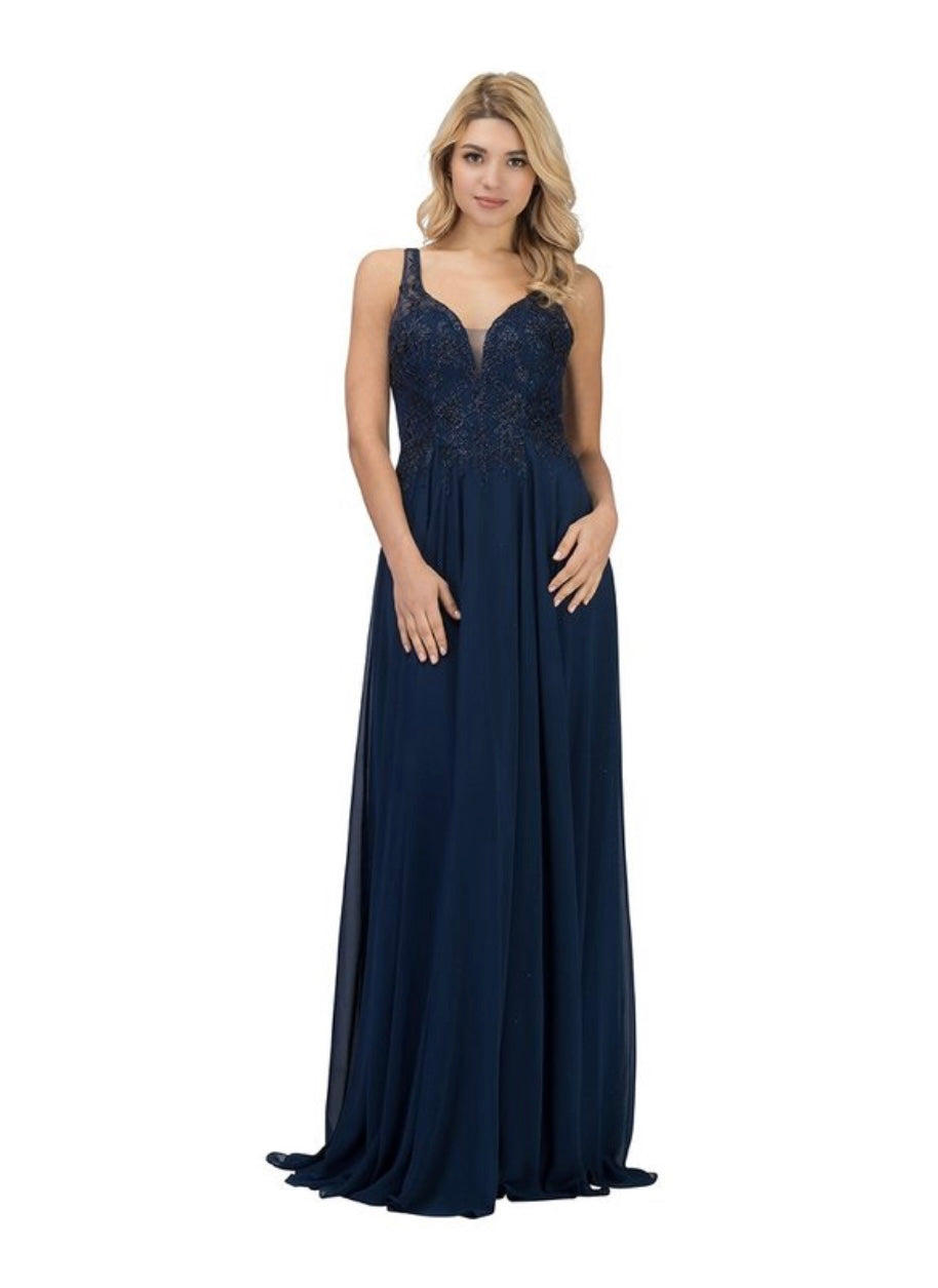 Chicas YG5017 Evening Navy A-Line Long Beaded Chiffon Dress
