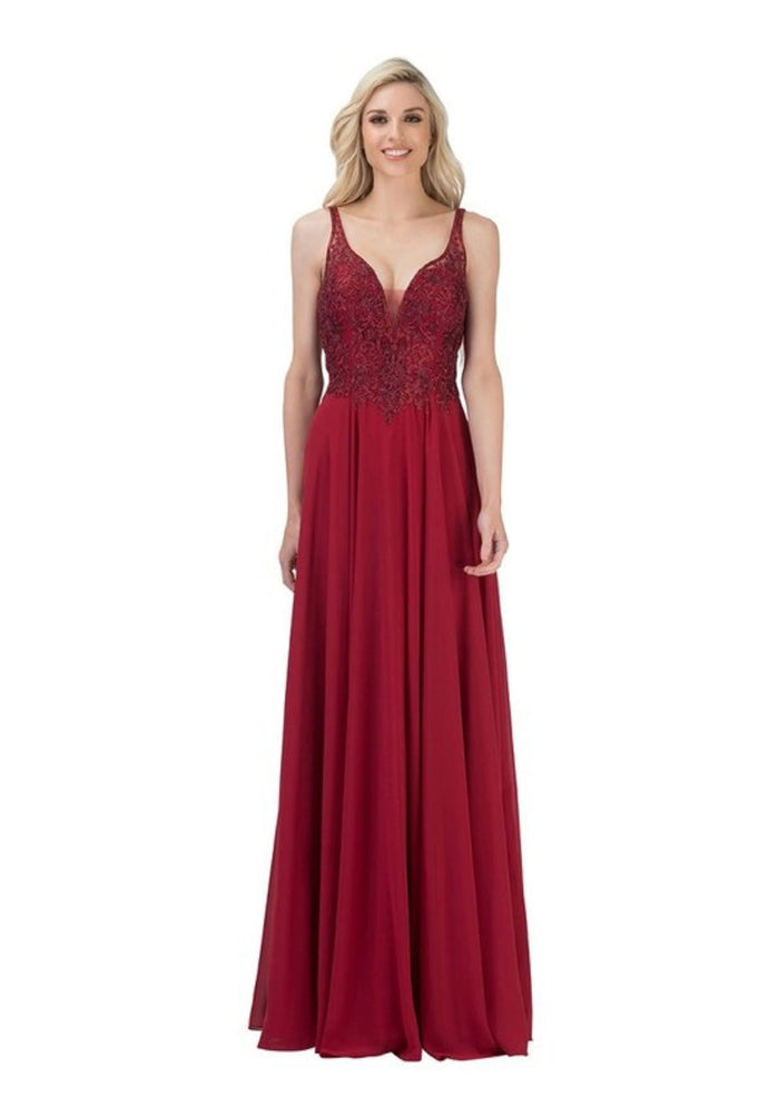 Chicas YG5019 Elegant Evening A-Line Illusion Floor-Length Beaded Chiffon Dress