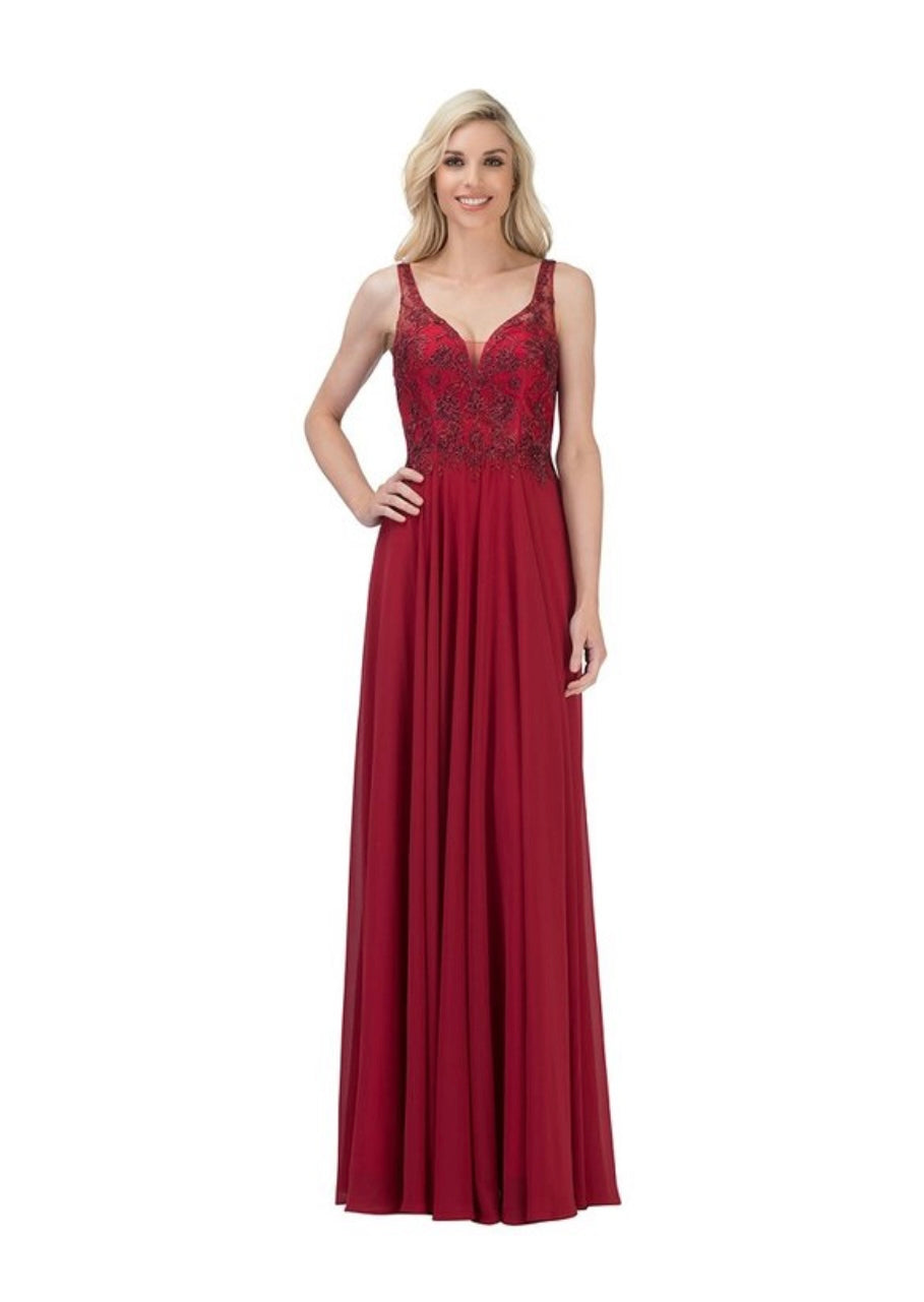 Chicas YG5019 Elegant Evening A-Line Illusion Floor-Length Beaded Chiffon Dress