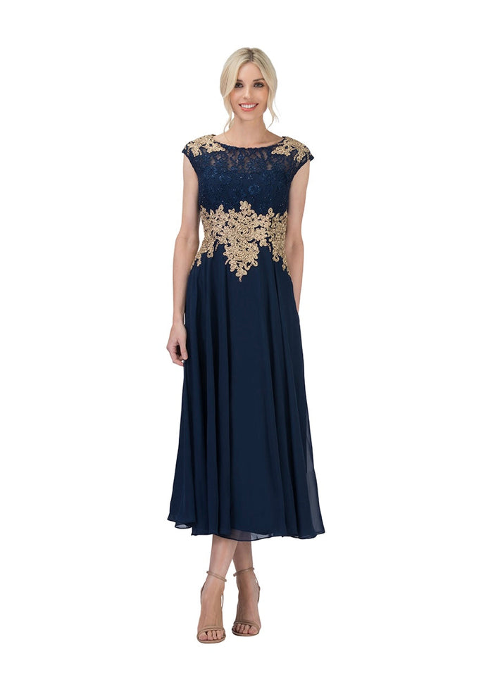 Chicas C7542 Elegant Bridal Navy A-Line Illusion Floor-Length Chiffon Dress