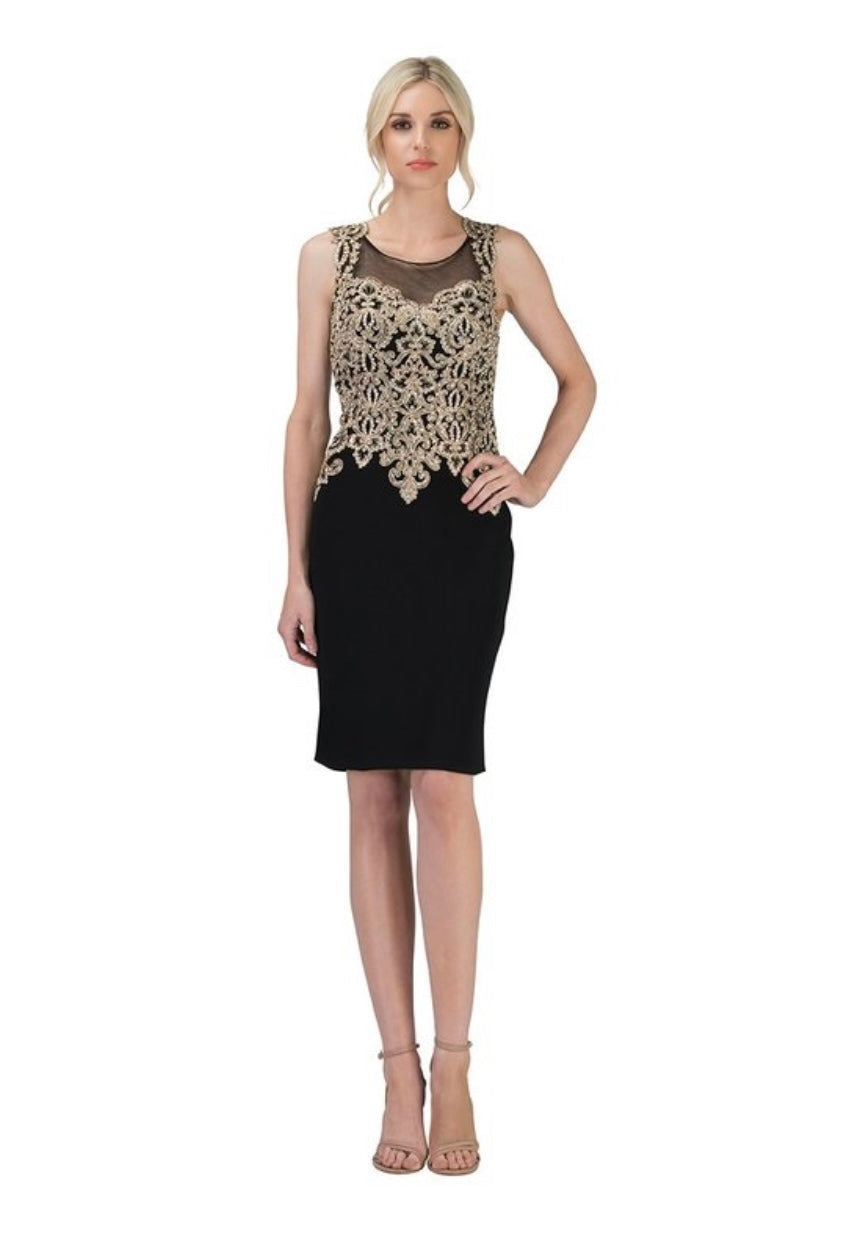 Chicas C7532 Cocktail Black Sheath Illusion Embroidered Fabric Dress