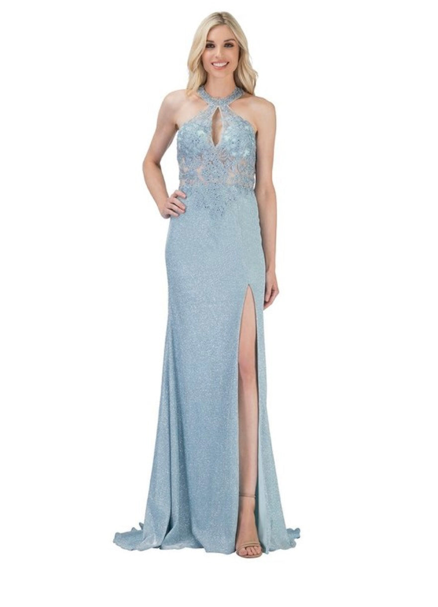 Chicas C7538 Printed Evening Blue Halter Floral Lace Dress