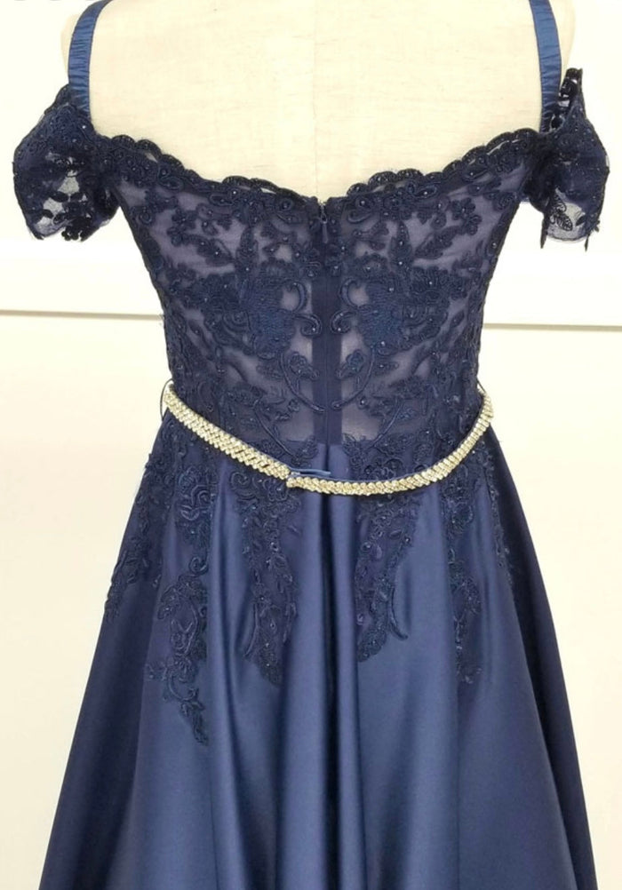 Chicas C7071 Elegant Formal Navy Floor-Length Beaded Embroidered Satin Dress