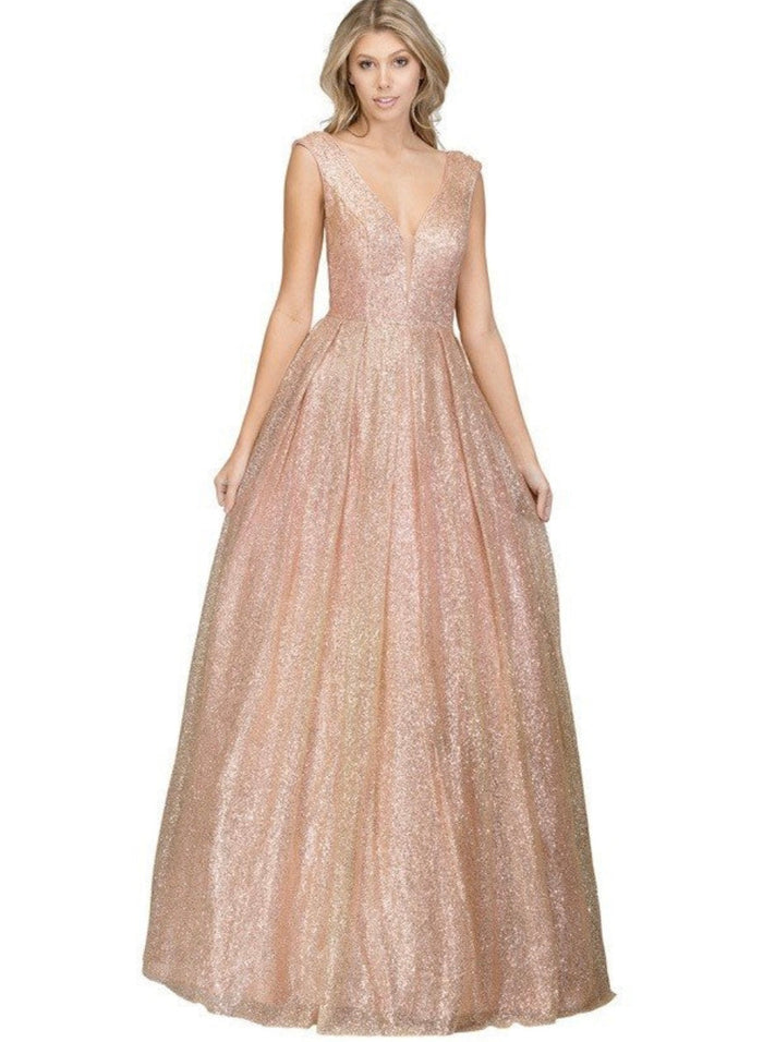 Chicas LM8024 Glam Prom Gold BallDress Floor-Length Shimmer Mesh Dress
