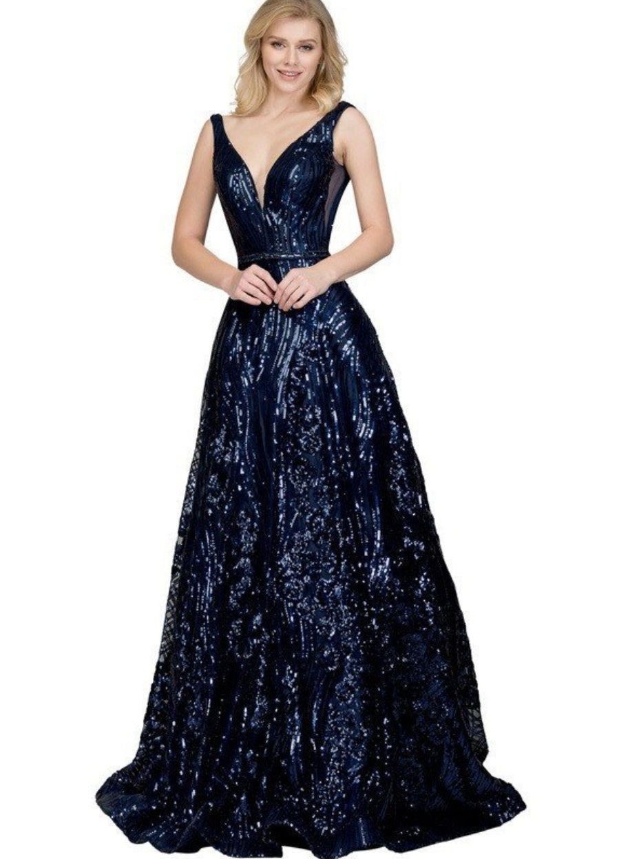 Chicas BT9012 Glam Printed Evening Navy A-Line Floral Fabric Dress