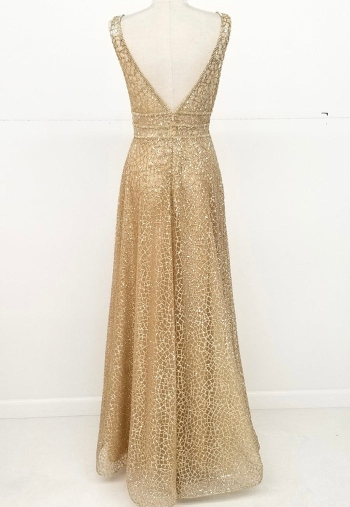Chicas C7058 Modern Prom Gold A-Line Floor-Length Sequin Fabric Dress