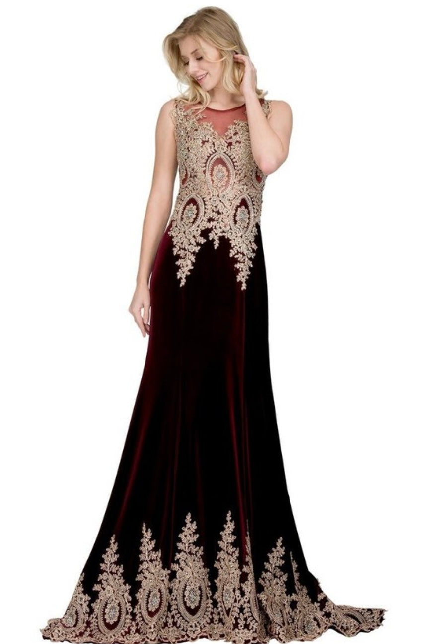 Chicas C1523 Elegant Evening Black Mermaid Illusion Floor-Length Velvet Dress