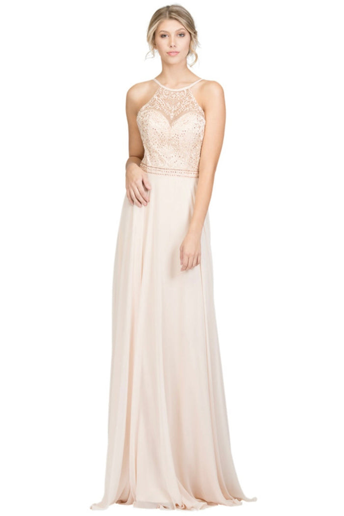 Chicas YG5008 Elegant Evening Halter Long Embroidered Chiffon Dress