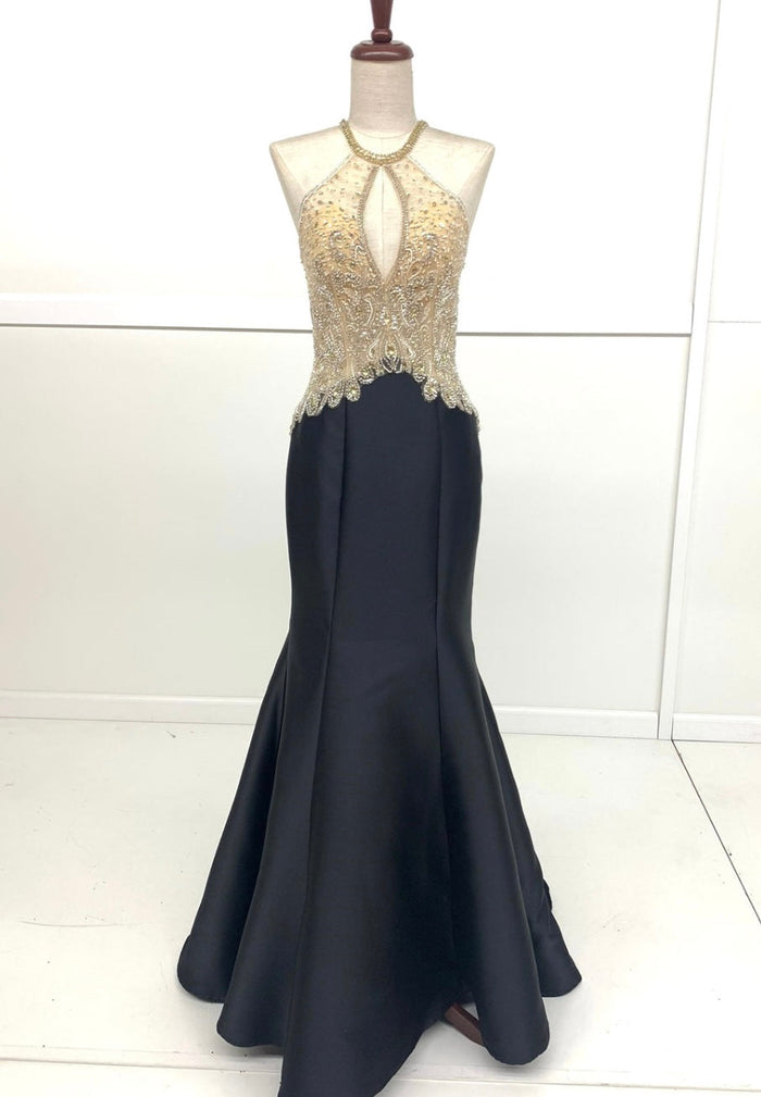 Chicas C9186 Black Mermaid Halter Floor-Length Beaded Satin Dress