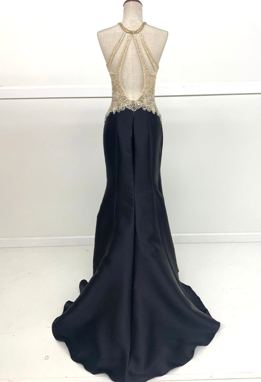 Chicas C9186 Black Mermaid Halter Floor-Length Beaded Satin Dress