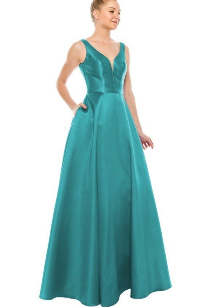 Chicas C9188 Elegant Prom BallDress Pocket Strappy Style Satin Dress