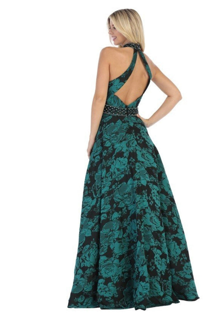 Chicas SD3002 Printed Evening Royal A-Line Halter Fabric Dress