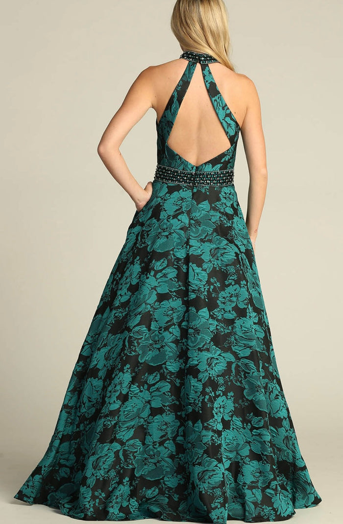 Chicas SD3002 Printed Evening Royal A-Line Halter Fabric Dress