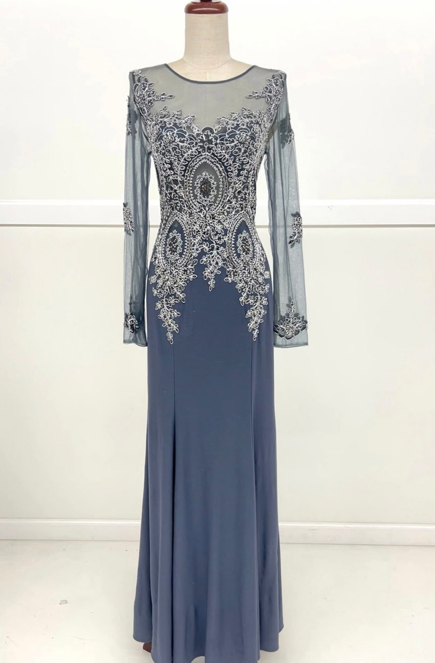 Chicas C3298 Elegant Evening Wine Mermaid Long-Sleeve Floor-Length Mesh Dress