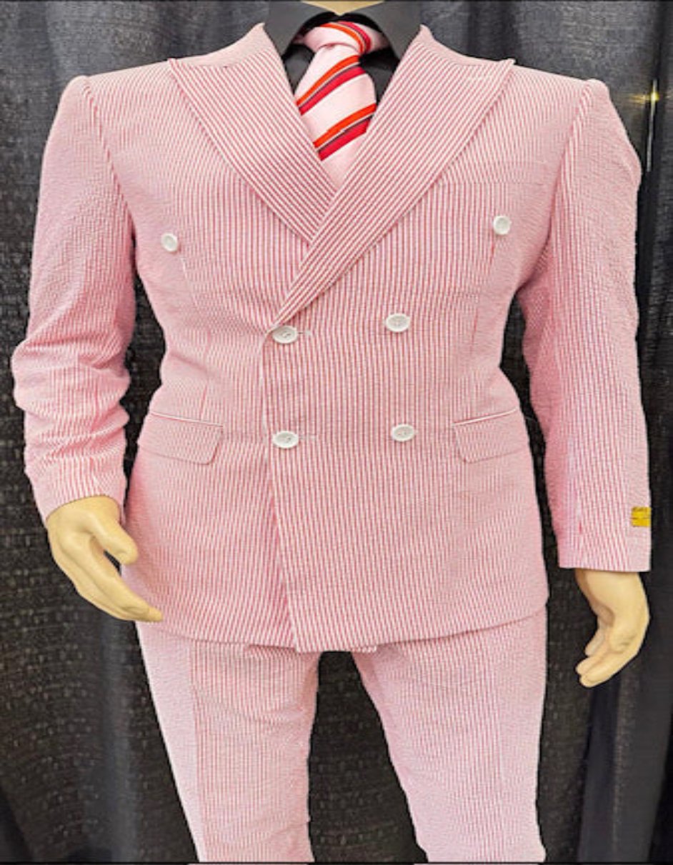 Red Double Breasted Pinstripe Cotton Suit