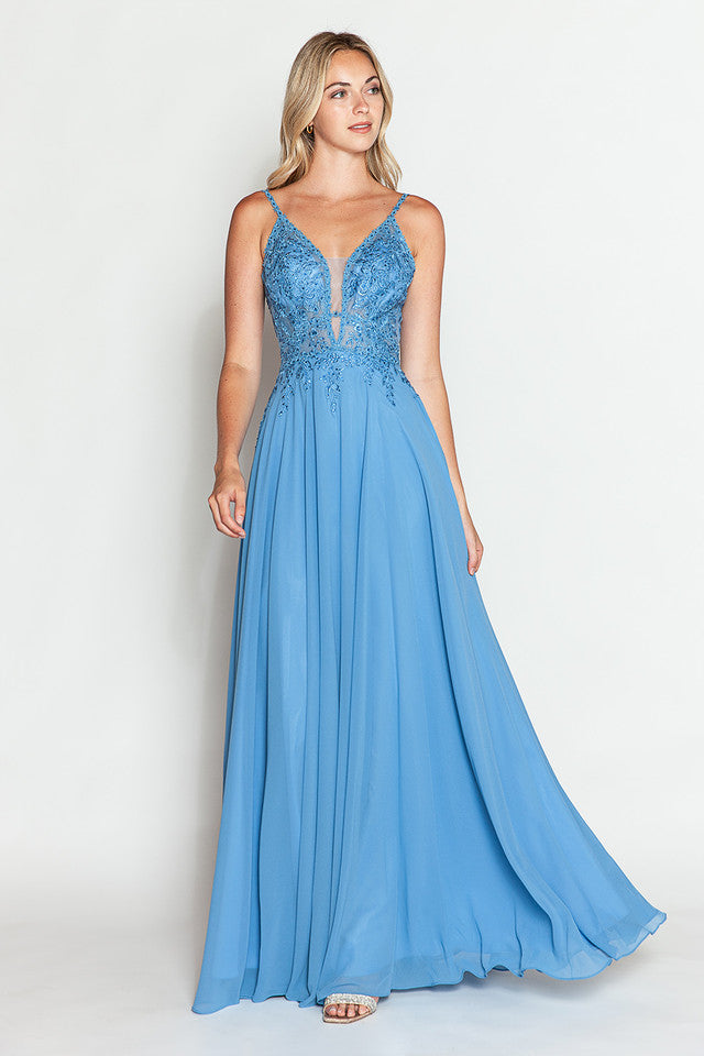 Embroidered A-Line Gown with Sheer V-Neck and Beaded Bodice Sleeveless Formal Prom Dress By Lenovia 8185