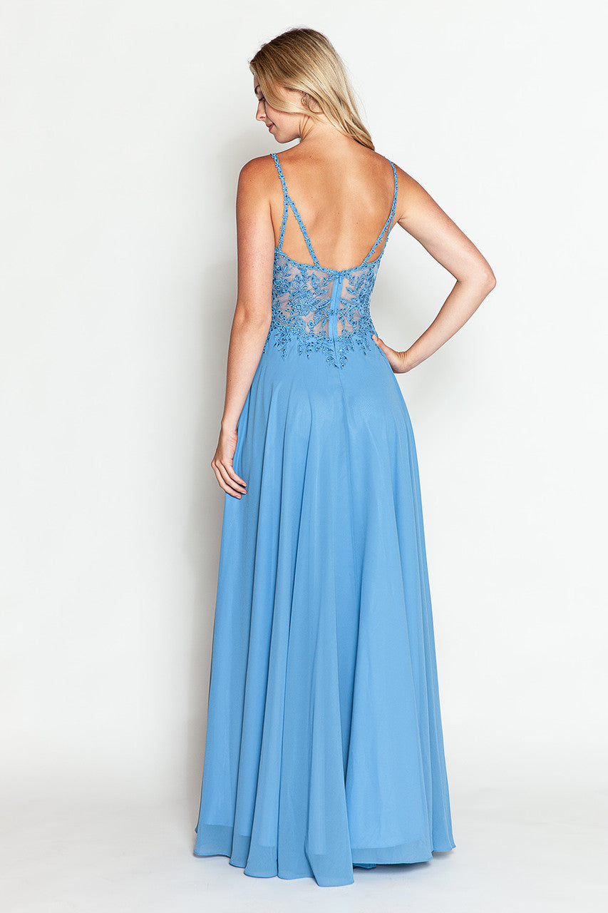 Embroidered A-Line Gown with Sheer V-Neck and Beaded Bodice Sleeveless Formal Prom Dress By Lenovia 8185