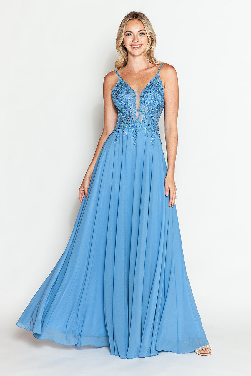 Embroidered A-Line Gown with Sheer V-Neck and Beaded Bodice Sleeveless Formal Prom Dress By Lenovia 8185