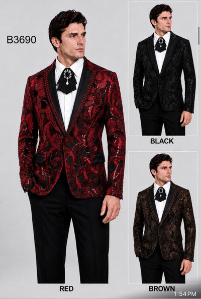 Men's red, black and brown ornate sequin blazers