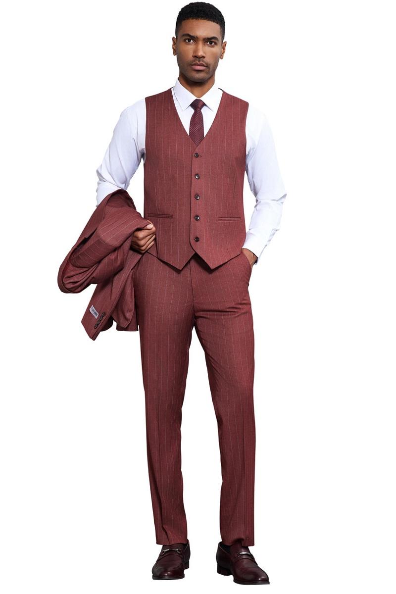 Stacy Adams Burgundy Pinstripe Vested Suit