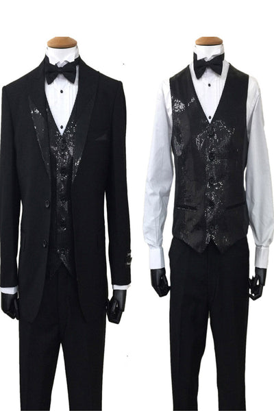 Mens 2 Button Vested Sequin Lapel Tuxedo in Black