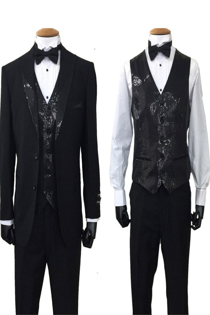 Mens 2 Button Vested Sequin Lapel Tuxedo in Black